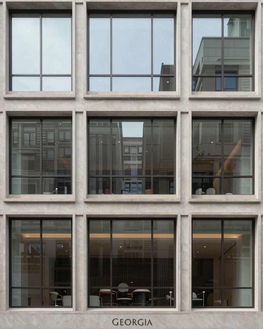 Wide panoramic shot of a modern luxury architectural facade with