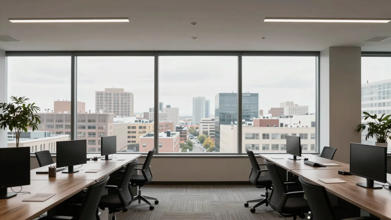 Modern office interior with large windows, city view, natural lig