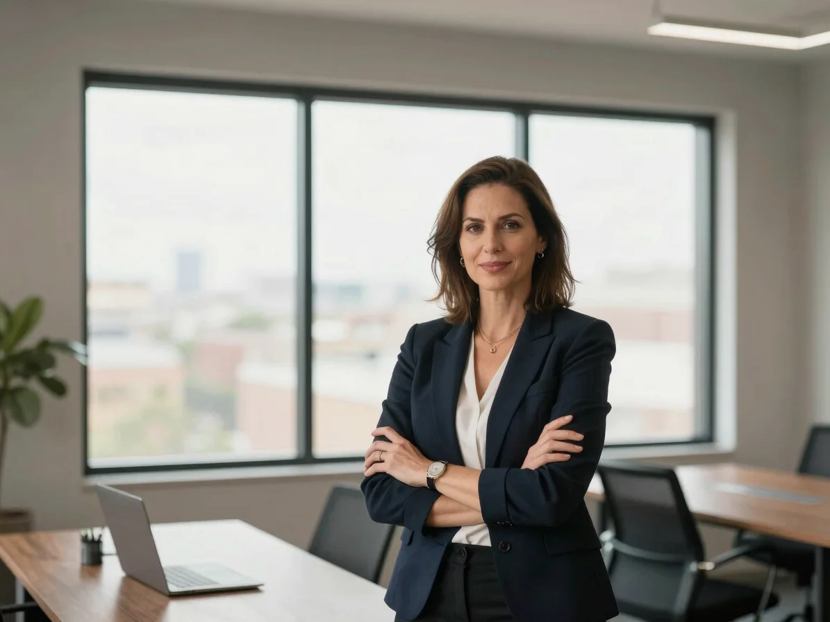 Professional portrait of a confident real estate expert in a mode